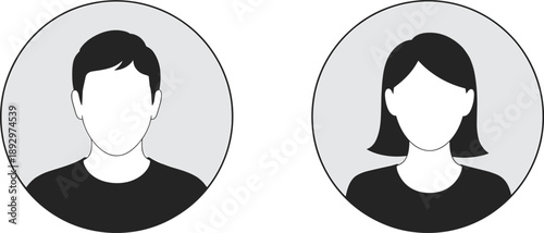 Minimalist black-and-white avatar icons of two faceless people in circular frames, ideal for user interface, profile, or identity design.