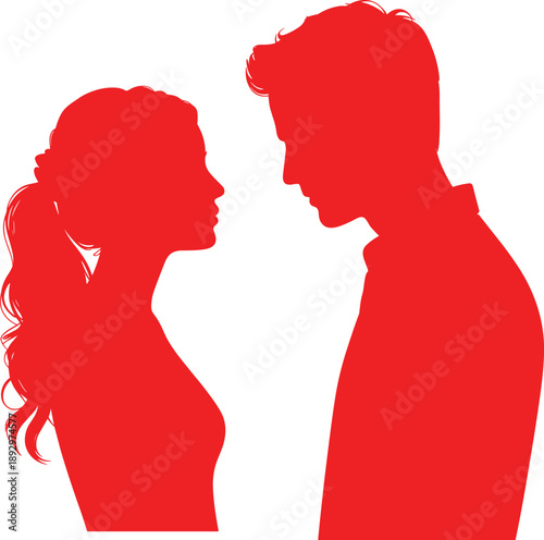 Red silhouette of two people facing each other in close proximity, symbolizing communication, emotional connection, and interpersonal interaction on white background.