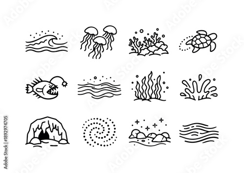 Bioluminescent Ocean Icons. Bioluminescent Ocean. Line icon set of Bioluminescent Ocean: glowing plankton wave, luminous jellyfish swarm, bioluminescent coral