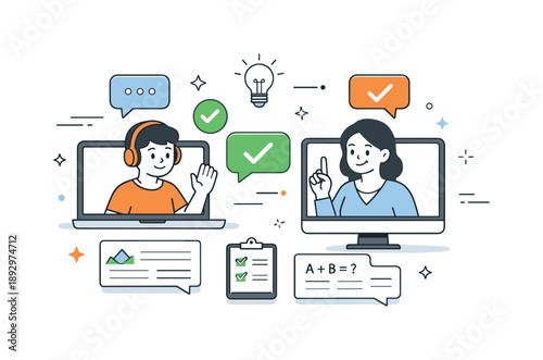 Digital Learning Interaction. Remote learning support. Chat bubbles, checkmarks, and lesson cards appear around a student and tutor on screens, symbolizing
