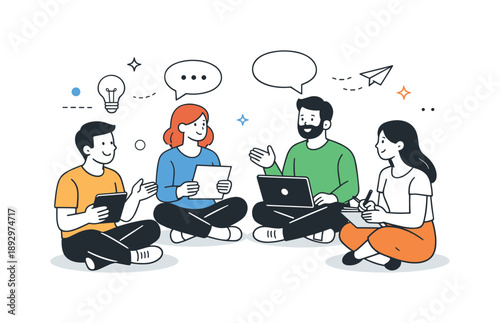 Collaborative Team Discussion. Team conversation. A group of colleagues or classmates discussing something in a friendly circle, papers or devices in hand.