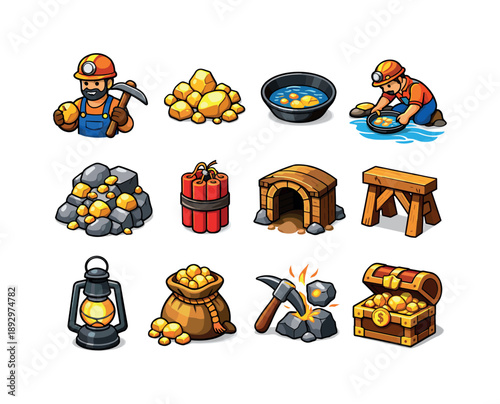 Gold Miner Icon Set. Gold Miner. Colorful isometric vector icons set of Gold Miner: gold miner worker, gold nuggets, mining pan, river sifting, gold ore vein,