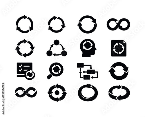 Circular Logic Icons. Circular Logic. Solid icon set of Circular Logic: arrows forming circle, logic loop diagram, self referencing arrows, closed reasoning