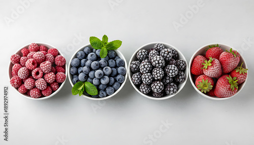 Four bowls of frozen berries raspberries blueberries blackberries strawberries