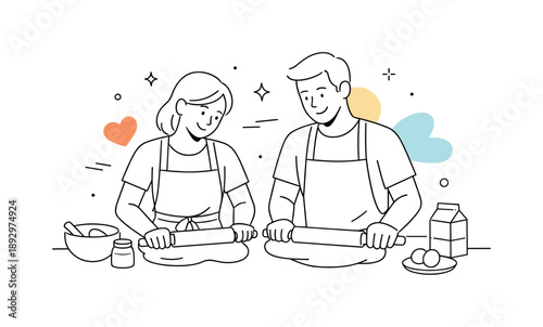 Cozy Baking Together. Baking as a shared ritual. A couple standing side by side rolling dough, relaxed posture and gentle interaction, abstract shapes floating