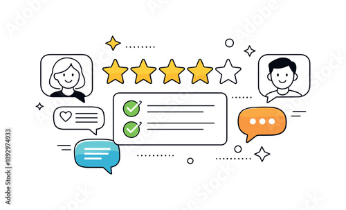 Modern Review Symbols. Abstract product review concept. Star ratings, checkmarks, and comment icons arranged in a balanced symbolic composition. The scene