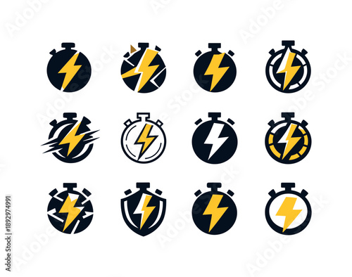 HIIT Workout Icons. HIIT workout. Icon set. Set Logo of HIIT workout: stopwatch with lightning bolt. harmonious logo variations of the same emblematic concept,