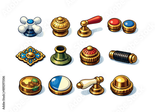 Vintage Faucet Icons. Vintage Faucet Handles. Colorful isometric vector icons set of Vintage Faucet Handles: porcelain cross handle, carved brass knob, retro