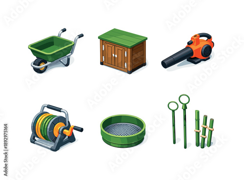 Isometric Garden Tools. Garden tools cartoon objects. Isometric flat vector icons set of Garden tools cartoon objects: garden cart trolley, tool shed box, leaf