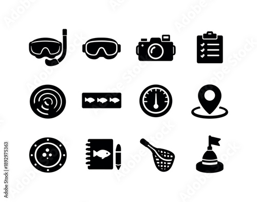 Aquatic Observation Icons. Aquatic observation. Solid icon set of Aquatic observation: snorkel mask, diving goggles, underwater camera, research clipboard,