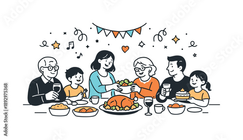 Family Festivity. Family celebration scene. A warm editorial illustration of a family gathered around a festive table, sharing smiles and enjoying a peaceful
