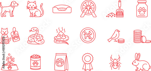 Red line of various pets and pet care pet line red pet care animals bird