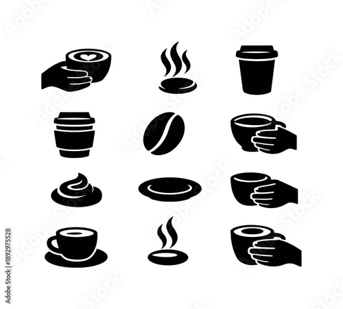 Coffee Icons Collection. Latte in hand. Solid icon set of latte in hand: hand holding cup, latte art heart, warm steam curl, to-go cup silhouette, cozy sleeve,