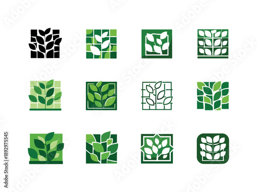 Indoor Vertical Garden Logos. Vertical gardens indoor. Icon set. Set Logo of vertical gardens indoor: modular plant wall system. harmonious logo variations of