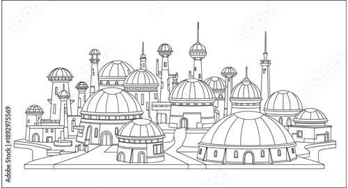 Futuristic city skyline with domes and towers in a clean line art style