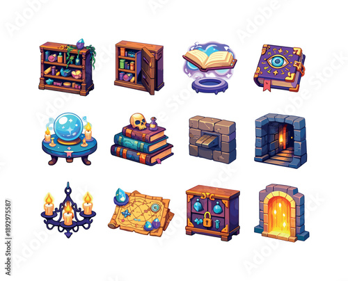 Mystic Library Icons. Mystic Library. Colorful isometric vector icons set of Mystic Library: enchanted bookshelf, secret passage door, floating book, magic