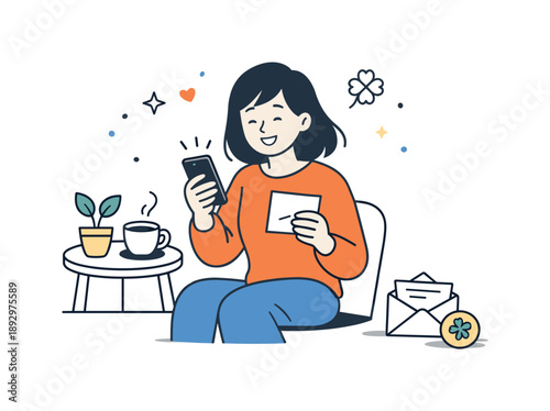 Good News Call. Everyday luck. A calm daily-life scene where a person receives good news on a phone or card, with gentle decorative accents. Friendly editorial