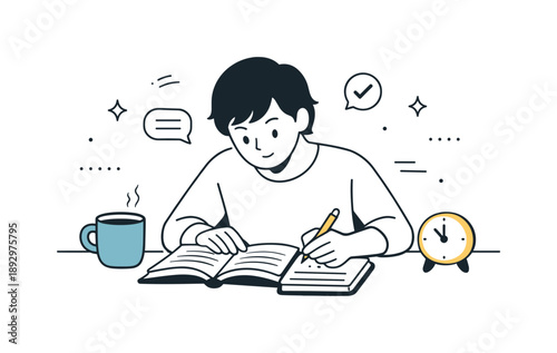 Calm Reading Reflections. Reading club reflection. Person quietly reading and taking notes from a book. Calm concentration and personal engagement with