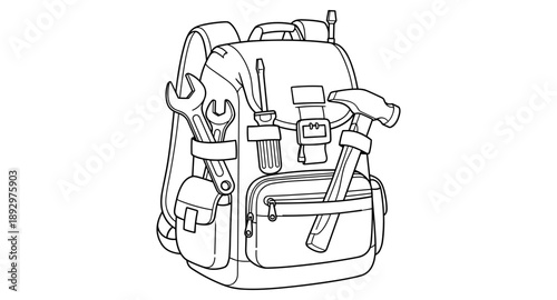 Illustration of a backpack filled with various tools for construction and repair work