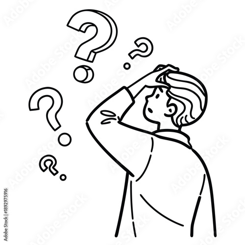 Confused young man with question marks floating above his head