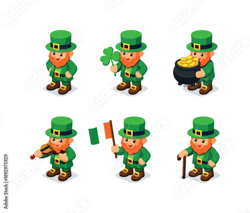 Leprechaun Icon Grid. St. Patrick?s Day leprechauns. Isometric flat vector icons set of St. Patrick?s Day leprechauns: leprechaun with green hat, leprechaun