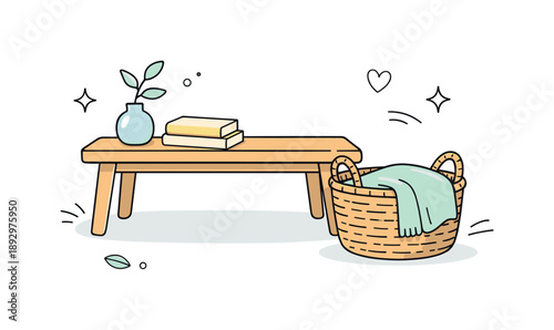 Minimalist Wood Furniture Design. Natural wood furniture details. A calm corner scene with a light wood bench, woven basket, and soft shadows. Balanced