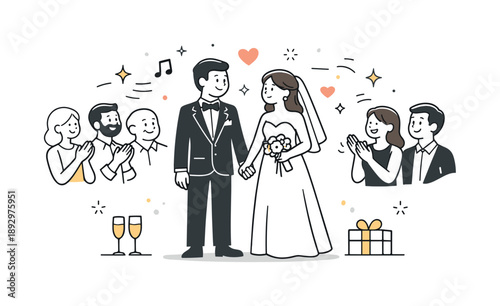 Joyful Wedding Scene. Wedding celebration. Newlyweds standing together, smiling and holding hands while guests watch happily. Warm joy and elegant festive