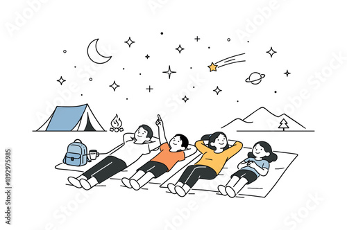 Starry Night Camping. Camping under starry sky. Family lying on blankets and looking at stars, relaxed night scene with curiosity and quiet togetherness.