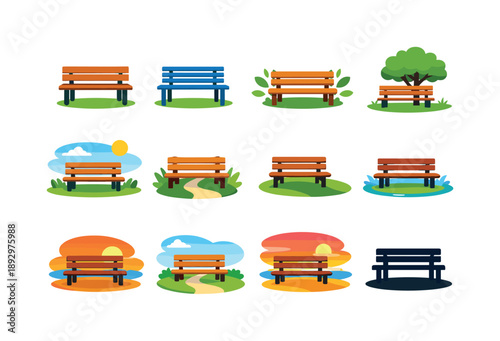 Colorful Bench Icons. Empty bench. Colorful flat vector icons set of Empty bench: park bench, wooden bench, metal bench, bench with leaves, bench under tree,