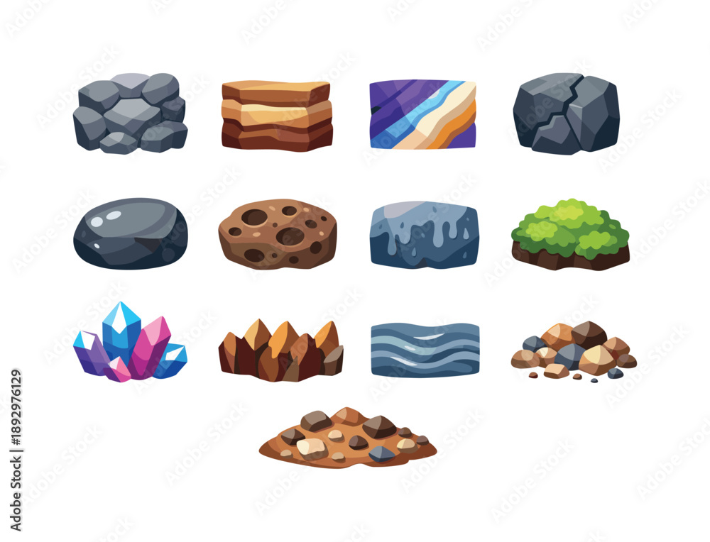 Fototapeta premium Colorful Cave Texture Icons. Cave textures. Colorful flat vector icons set of cave textures: rough stone patch, layered sediment, mineral stripe pattern,