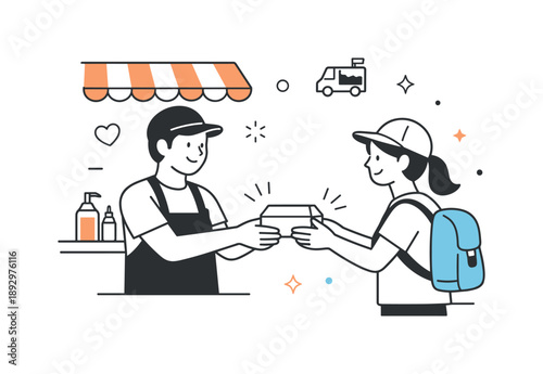 Friendly Street Food Exchange. Street food scene takeaway moment. Customer receiving a food box or cup from the vendor, hands meeting politely.