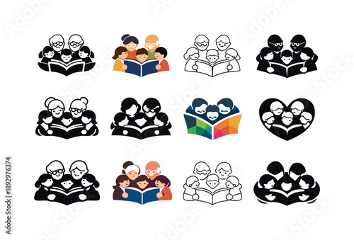 Family Connection Icons. Kids with their grandparents and elderly family members. Icon set. Set Logo of Kids with their grandparents and elderly family