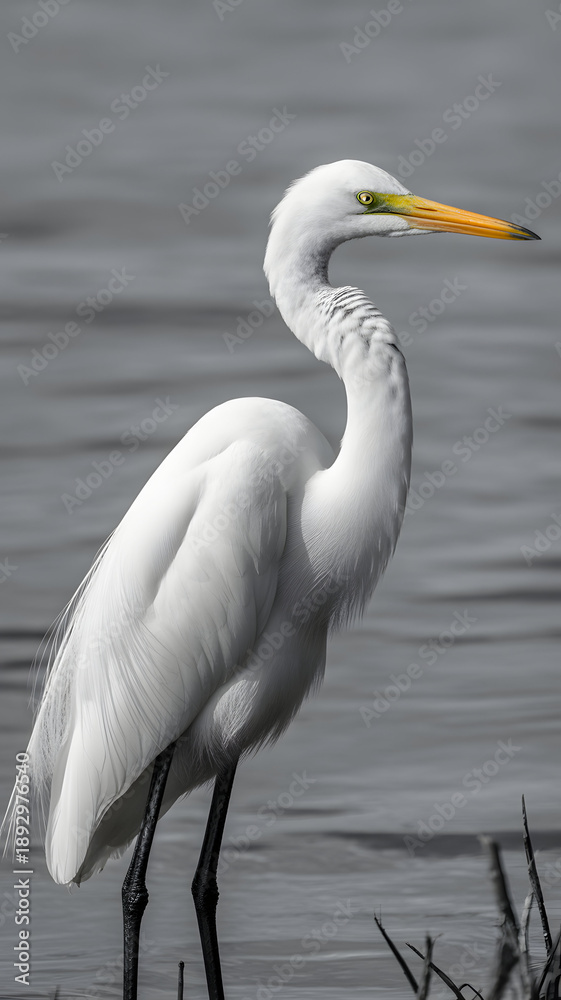 Fototapeta premium Elegant Great Egret by the Water, graceful wildlife nature concept