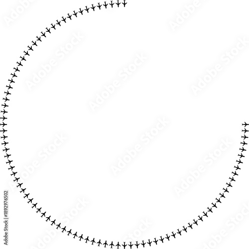 Top view airplane icons forming short radial paths with central space and missing quarter.