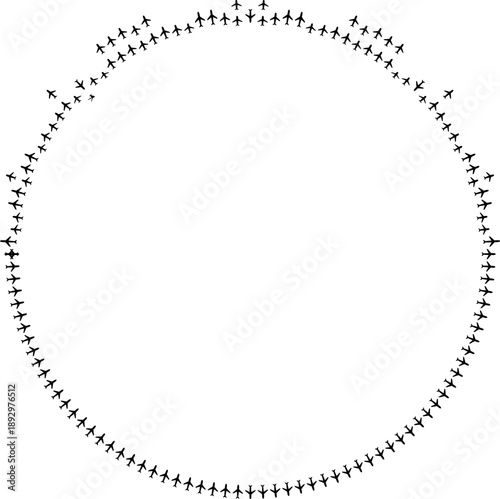 Top view airplane icons arranged as short radial paths across half a circle.
