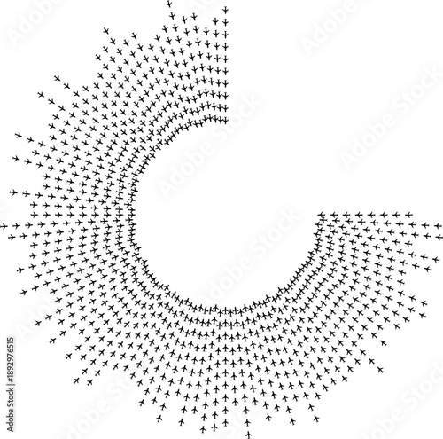 Top view airplane icons forming irregular radial paths with one quarter removed.