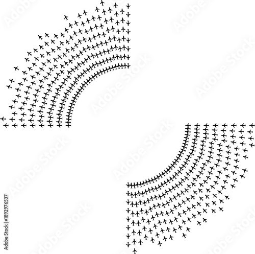 Top view airplane icons forming long irregular radial paths radiating outward.