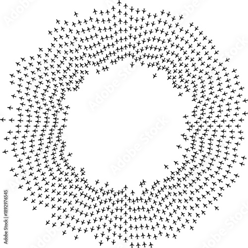 Top view airplane icons arranged inside and outside radial paths around a center gap.