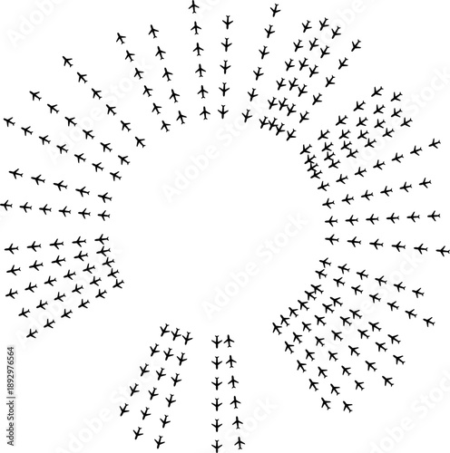 Top view airplane icons forming tapered radial paths converging toward a center space.