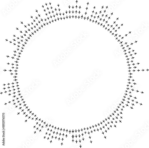 Top view airplane icons forming irregular radial paths around a large center void.