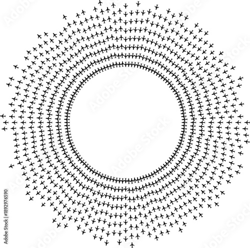 Top view airplane icons arranged as irregular radial paths around a center gap.