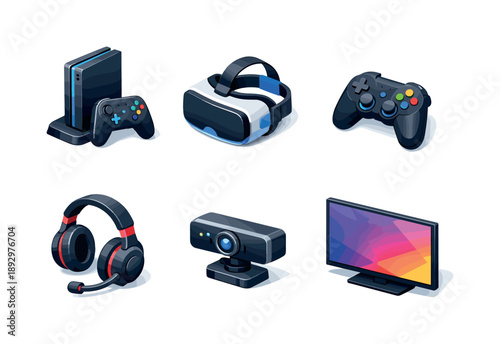 Gaming Gear Grid. Gaming and streaming. Isometric flat vector icons set of gaming and streaming: gaming console, VR headset, wireless controller, headset