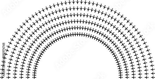 Airplane icons forming semicircular rays with an open empty interior.