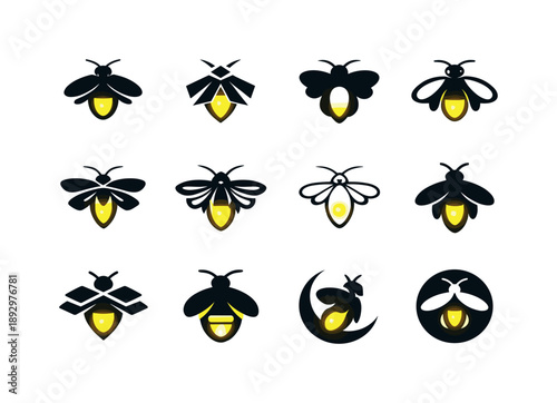 Firefly Logo Ensemble. Colorful spring celebration. Set lettering. harmonious lettering variations of the same emblematic concept, each with different artistic