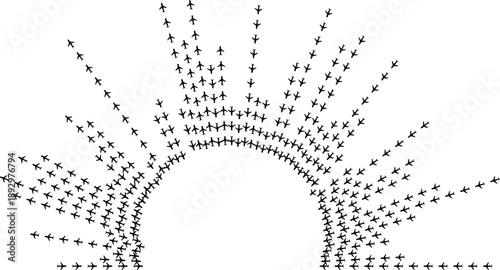 Airplane icons forming long irregular radial rays around a circular center space.