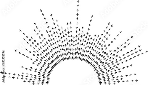 Airplane icons forming large irregular semicircular rays around a circular center void.