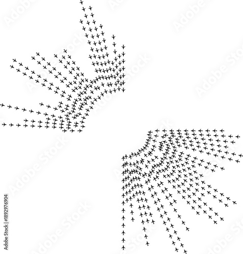 Airplane icons forming two long tapered ray beams radiating outward from a center.