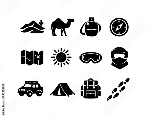 Desert Adventure Icons. Desert Expedition. Solid icon set of Desert Expedition: sand dunes, camel, canteen, compass, map, sun, goggles, scarf, off-road