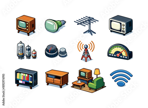 Television Evolution Icons. Television Evolution. Colorful isometric vector icons set of Television Evolution: early television set, cathode ray tube, antenna