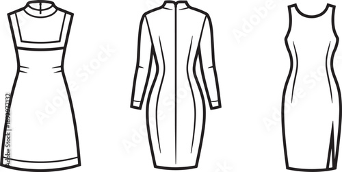 Stylized vector outlines of various dresses for women, showcasing different cuts and sleeve lengths
